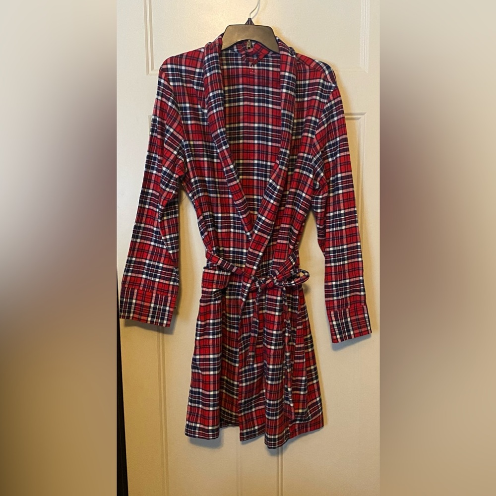 GAP Men’s Red Navy Blue Plaid Flannel Bathrobe Sz Small